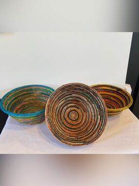3 Handcrafted Artisan Paper Woven Catch All Baskets Fruit Bowls Eco Friendly